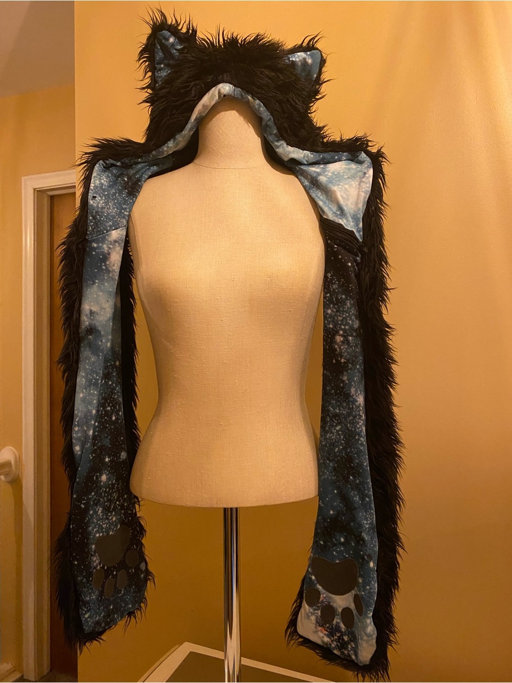 Black Faux Fur Cat-Ear Hooded Scarf with Galaxy Lining